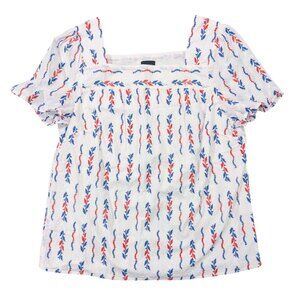 TALBOTS Embroidered Top 1X Square Neck Vines Leaves White Red Blue Summer